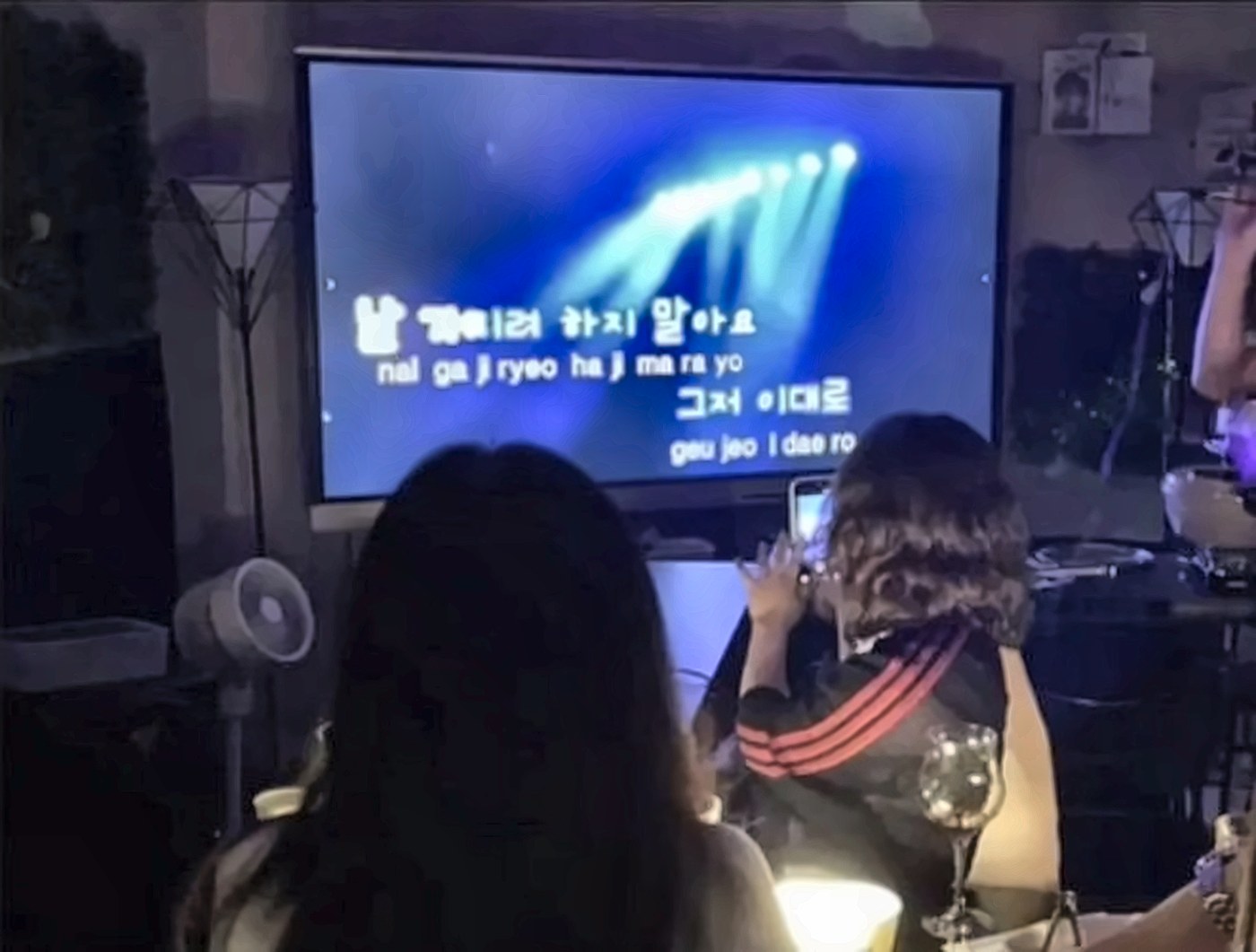 대형 화면으로 노래방을 즐기는 참가자들